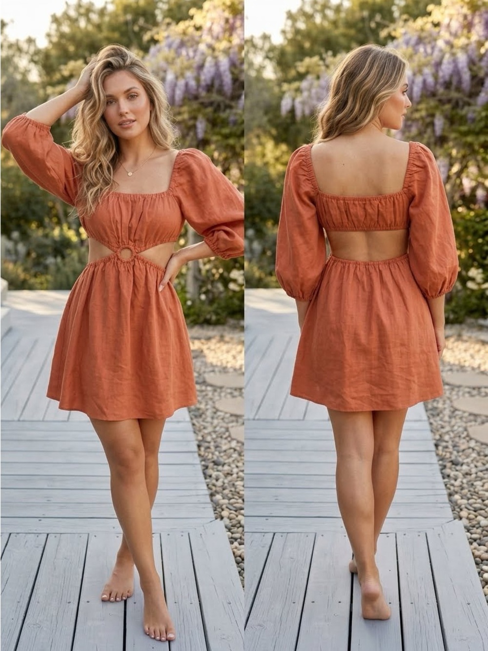 En Saison Jasper Cutout Linen Blend Mini Dress Coral Puff Sleeve Sz XS Boho Chic